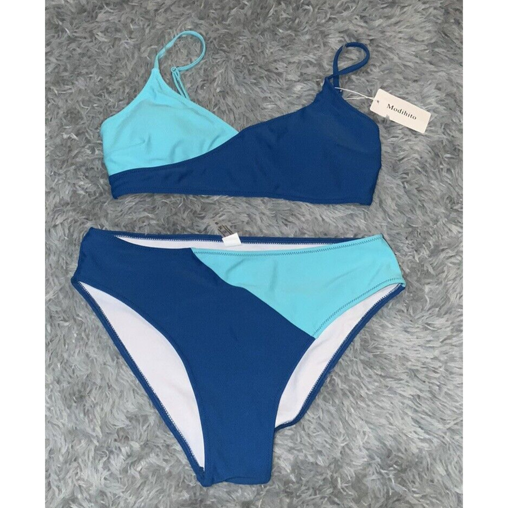 Modihito Womens 2 pc Blue Colorblock Bikini High Waist Swimsuit Swimwear Size L